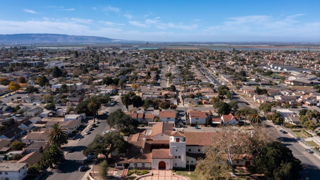 Aerial view of a historic church and surrounding neighborhood of Santa Maria, California, USA.