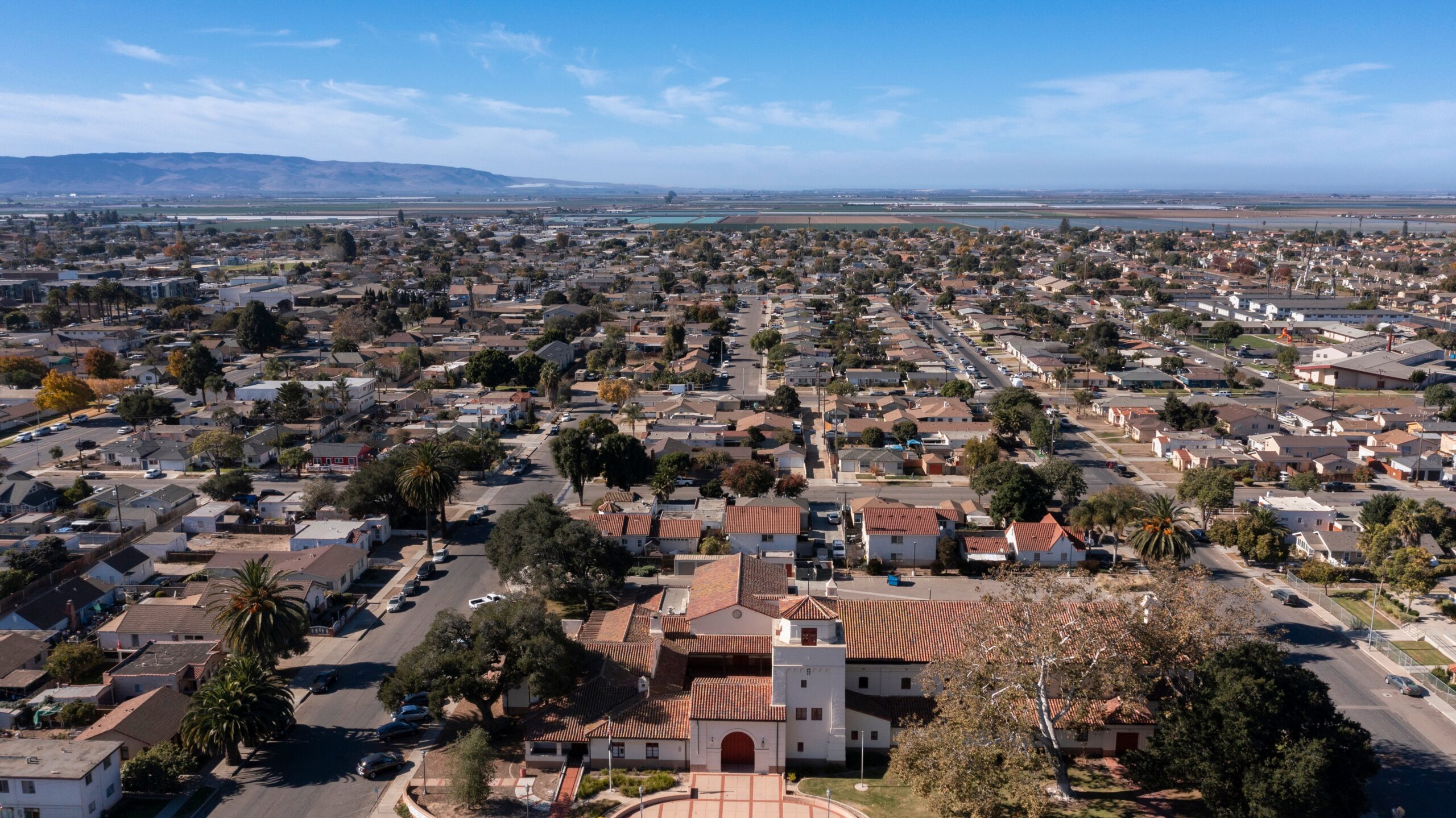 Aerial view of a historic church and surrounding neighborhood of Santa Maria, California, USA.