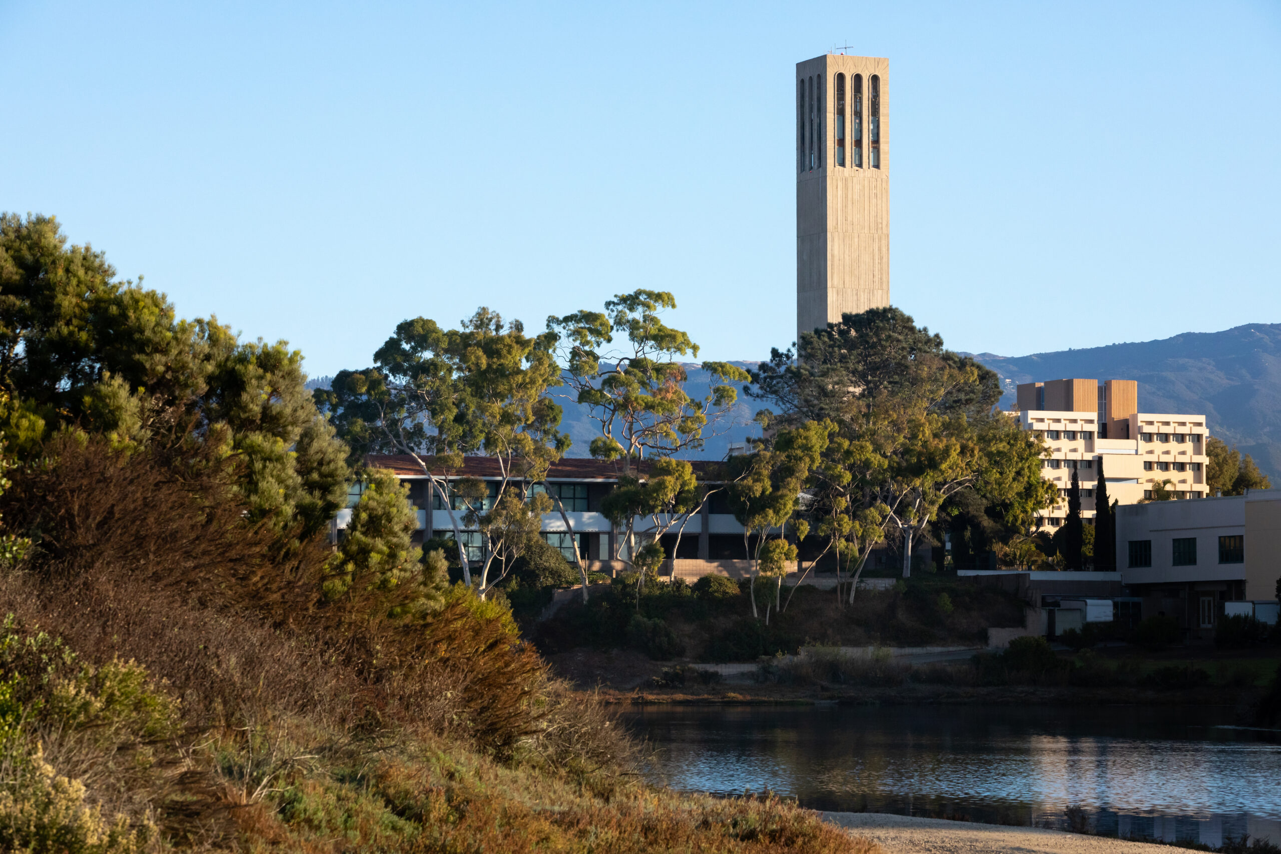Storke Tower along the Campus Lagoon, at the University of California Santa Barbara (UCSB)